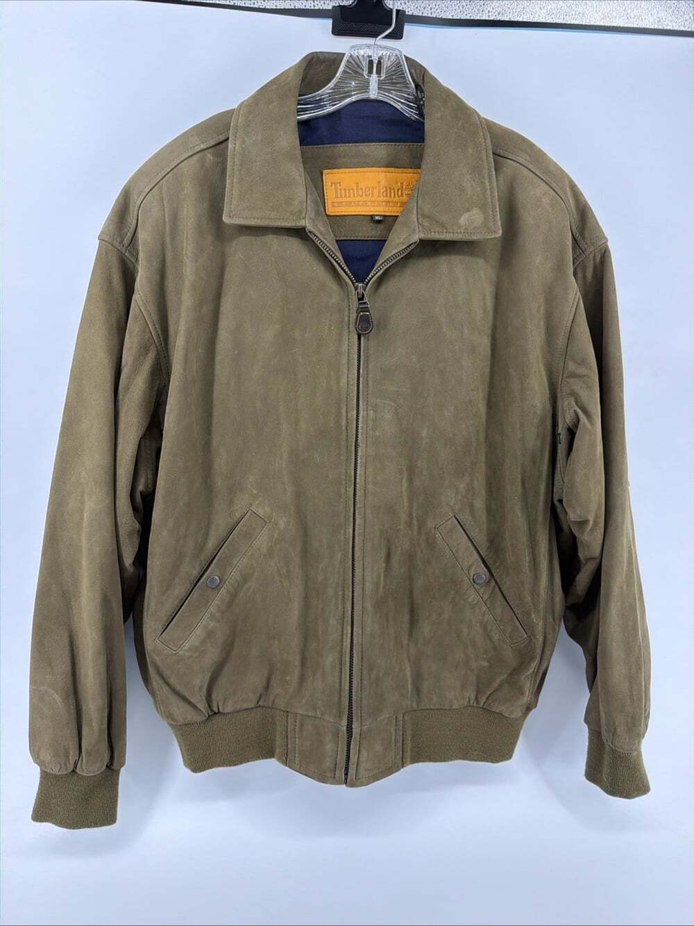 VTG Timberland Cowhide Leather Bomber Jacket Size L Olive Green Waterproof